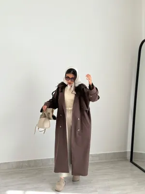 ترنچ کت بلند زنانه کرپ فاستونی